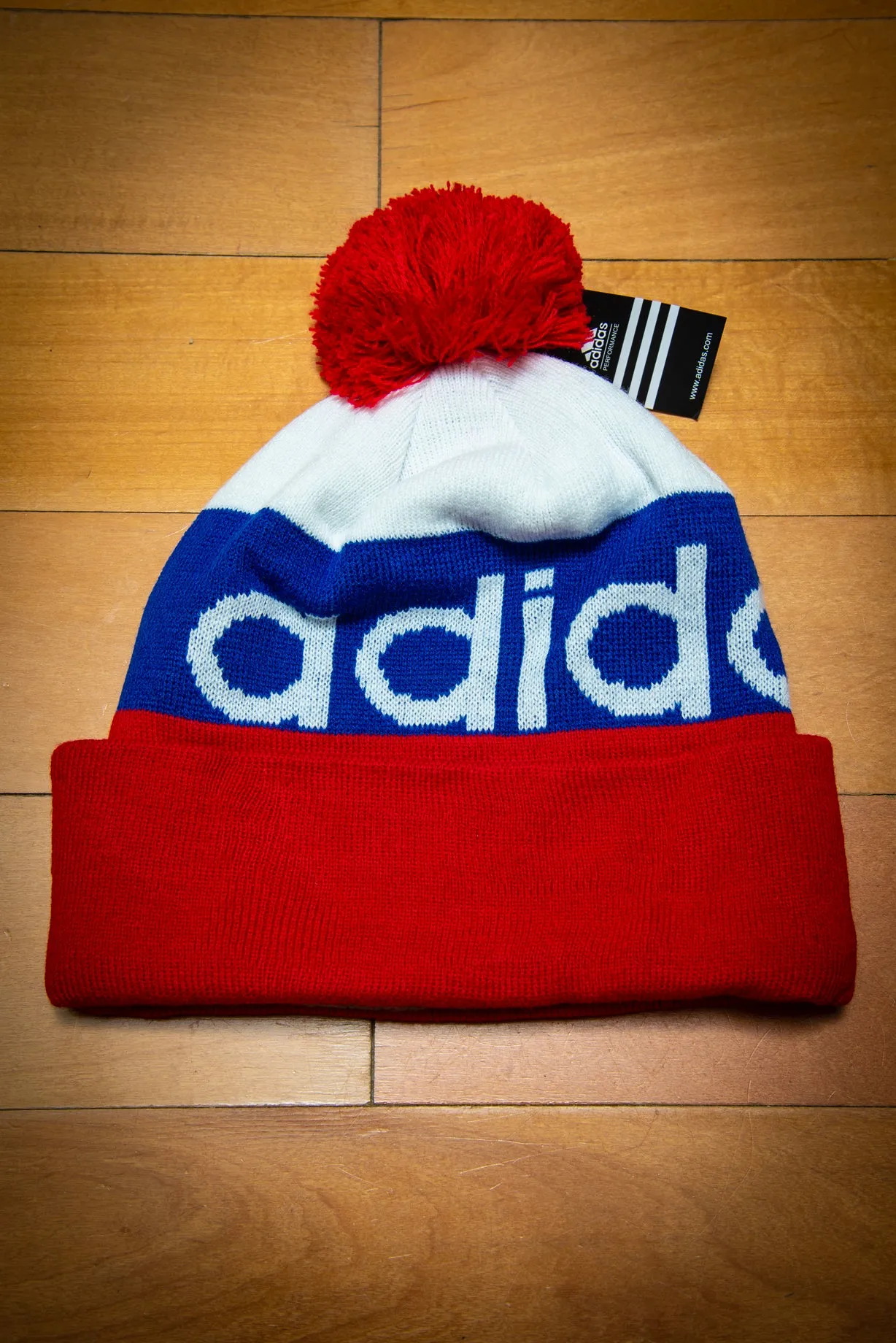 Adidas Originals Red White Blue Cuffed Knit Sport Beanie Hat with Pom