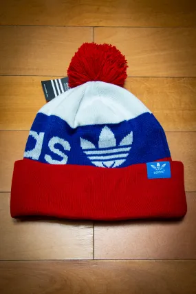 Adidas Originals Red White Blue Cuffed Knit Sport Beanie Hat with Pom
