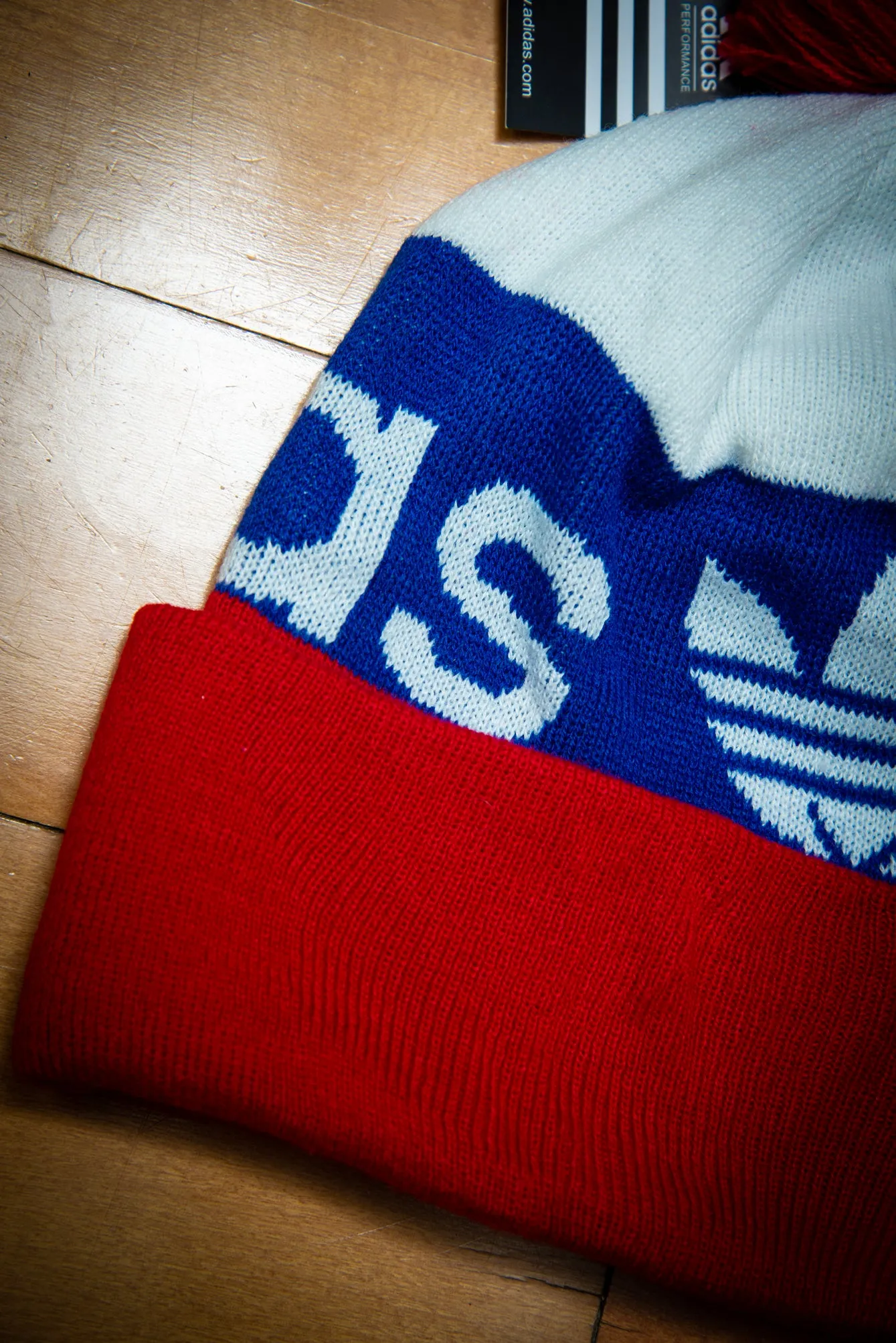 Adidas Originals Red White Blue Cuffed Knit Sport Beanie Hat with Pom