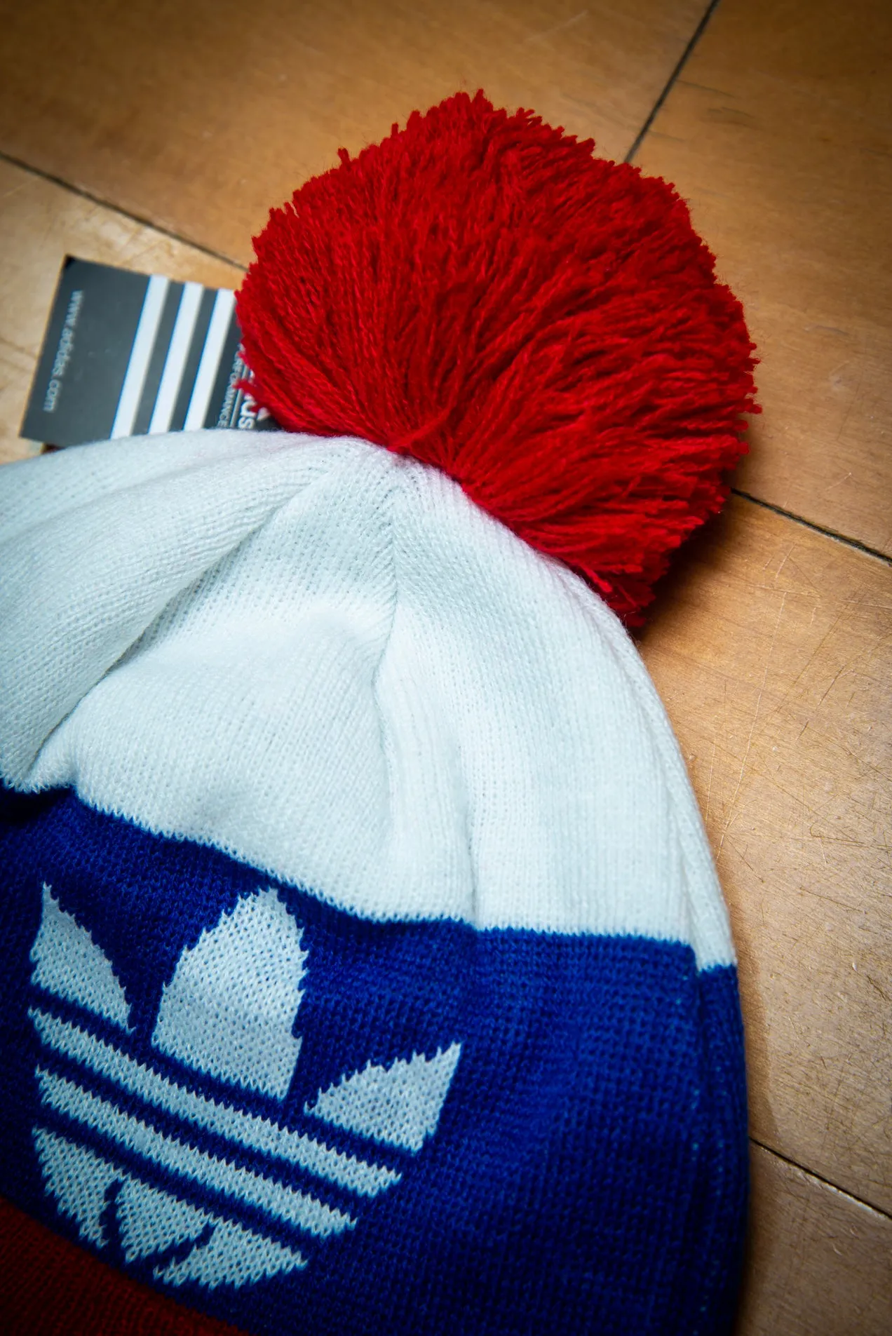 Adidas Originals Red White Blue Cuffed Knit Sport Beanie Hat with Pom