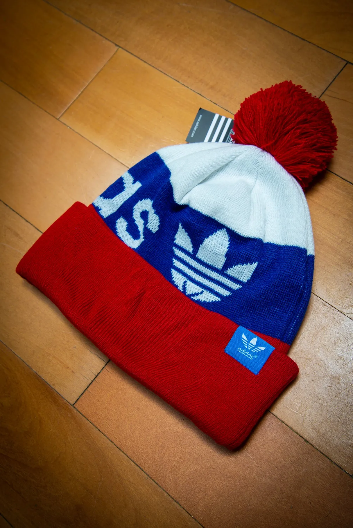 Adidas Originals Red White Blue Cuffed Knit Sport Beanie Hat with Pom