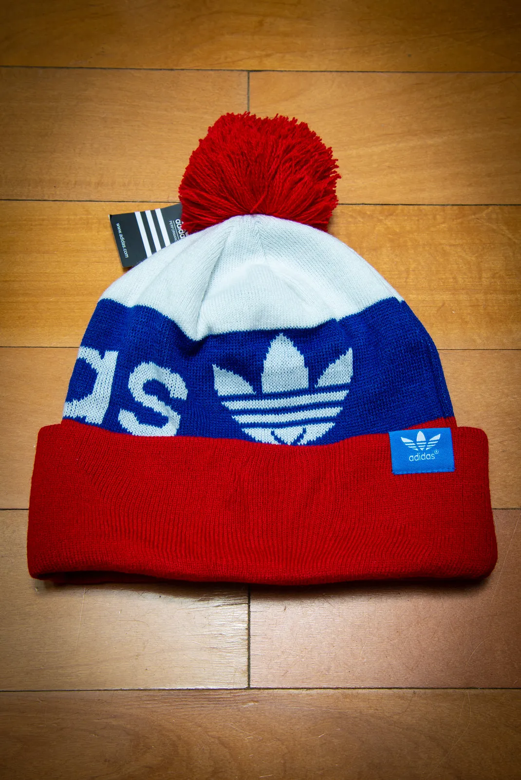 Adidas Originals Red White Blue Cuffed Knit Sport Beanie Hat with Pom