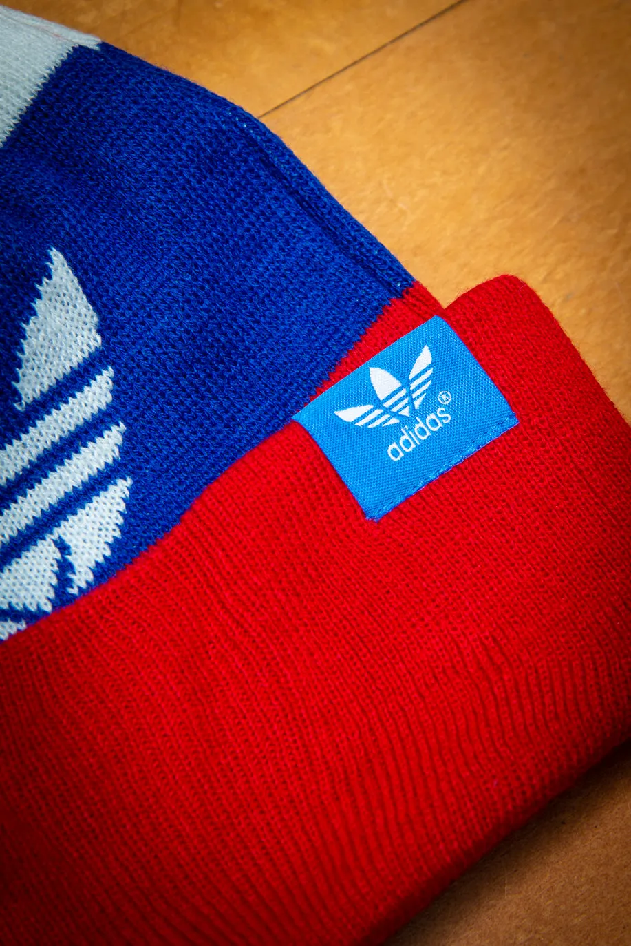 Adidas Originals Red White Blue Cuffed Knit Sport Beanie Hat with Pom