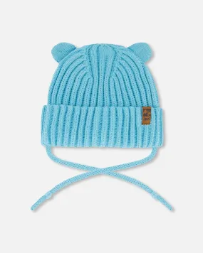 Baby Knit Hat With Strings Light Blue