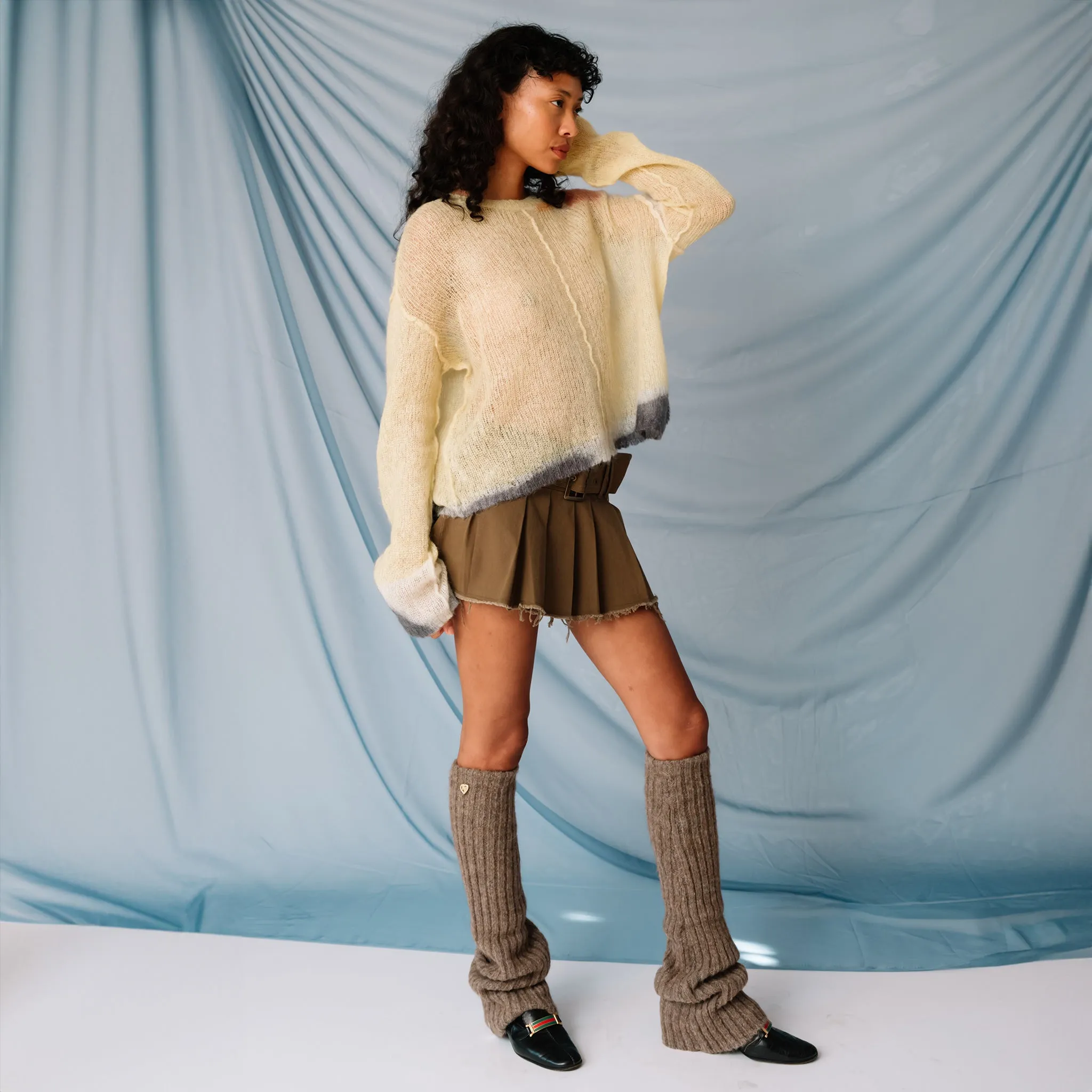 Belted Pleated Mini Skirt - Khaki
