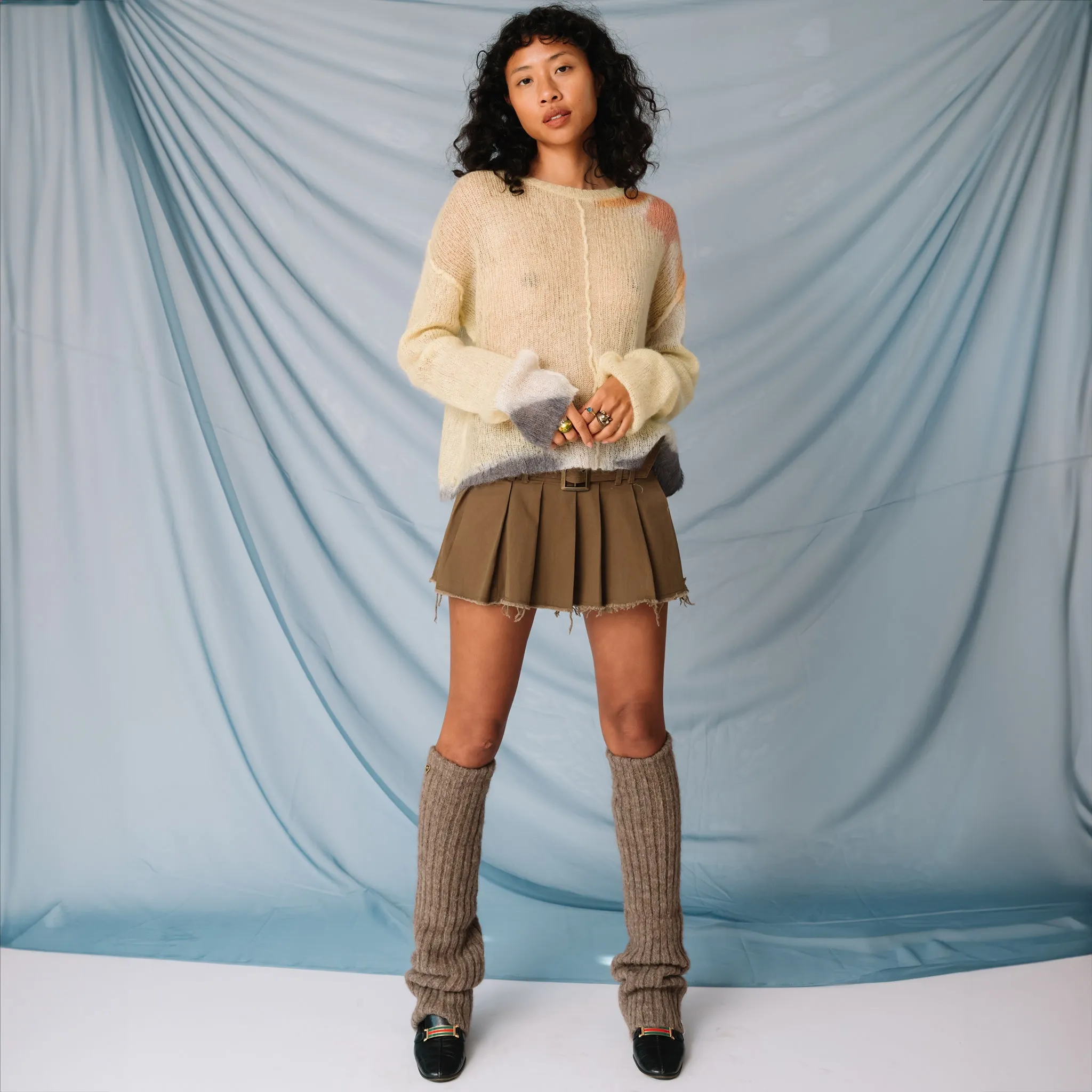 Belted Pleated Mini Skirt - Khaki