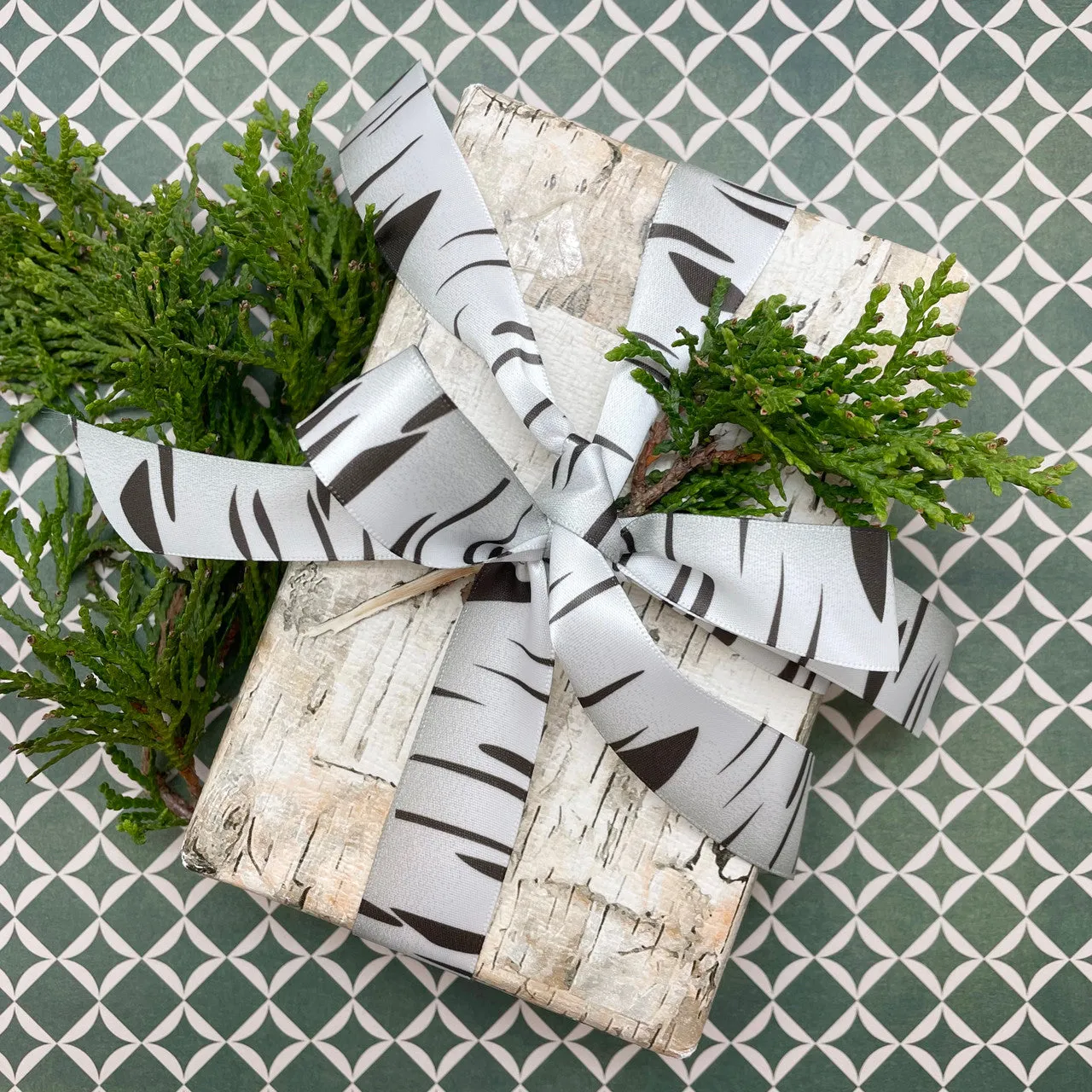 Birch bark ribbon in white and black printed on 7/8" white satin