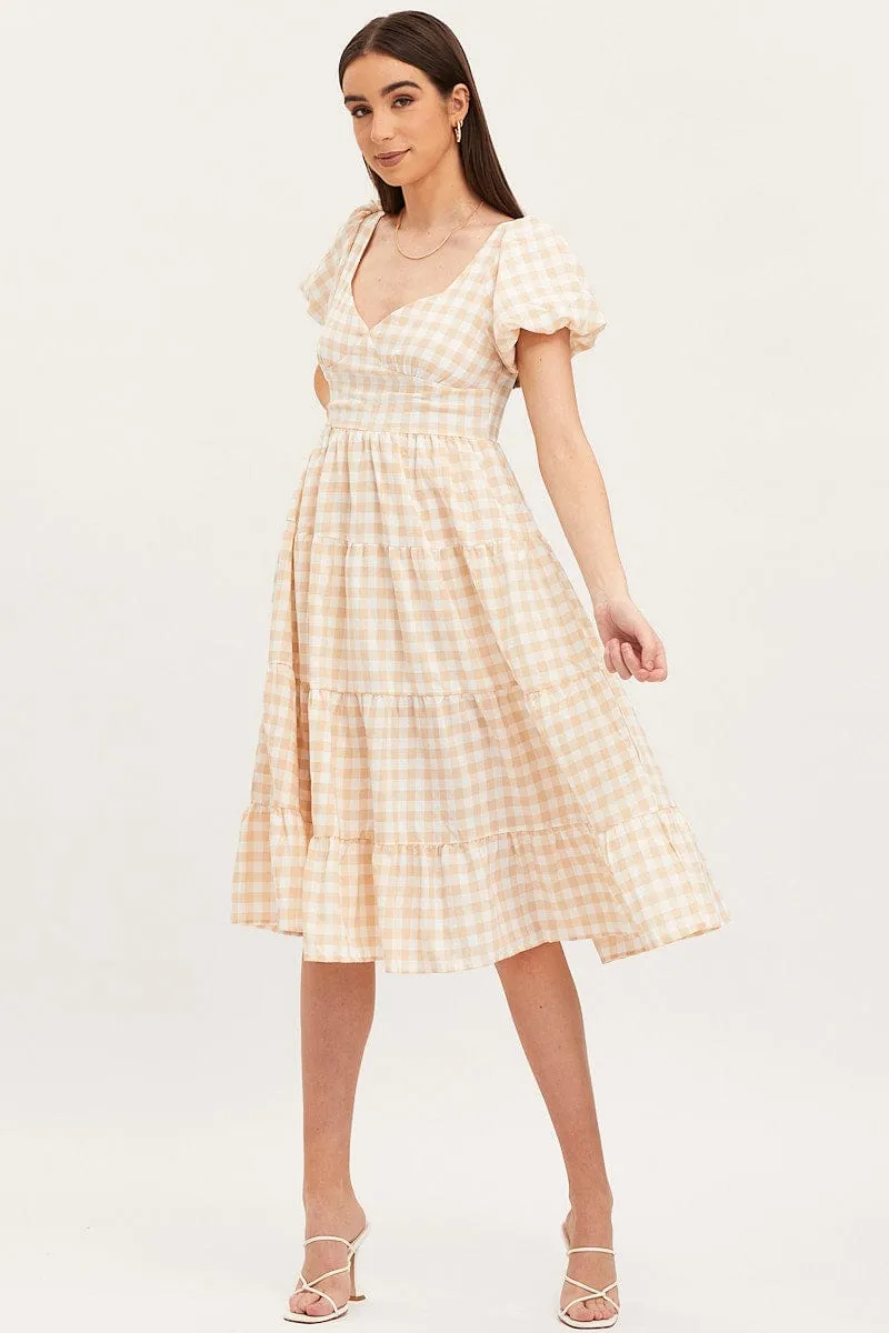 Black Check Midi Dress Short Sleeve Evening