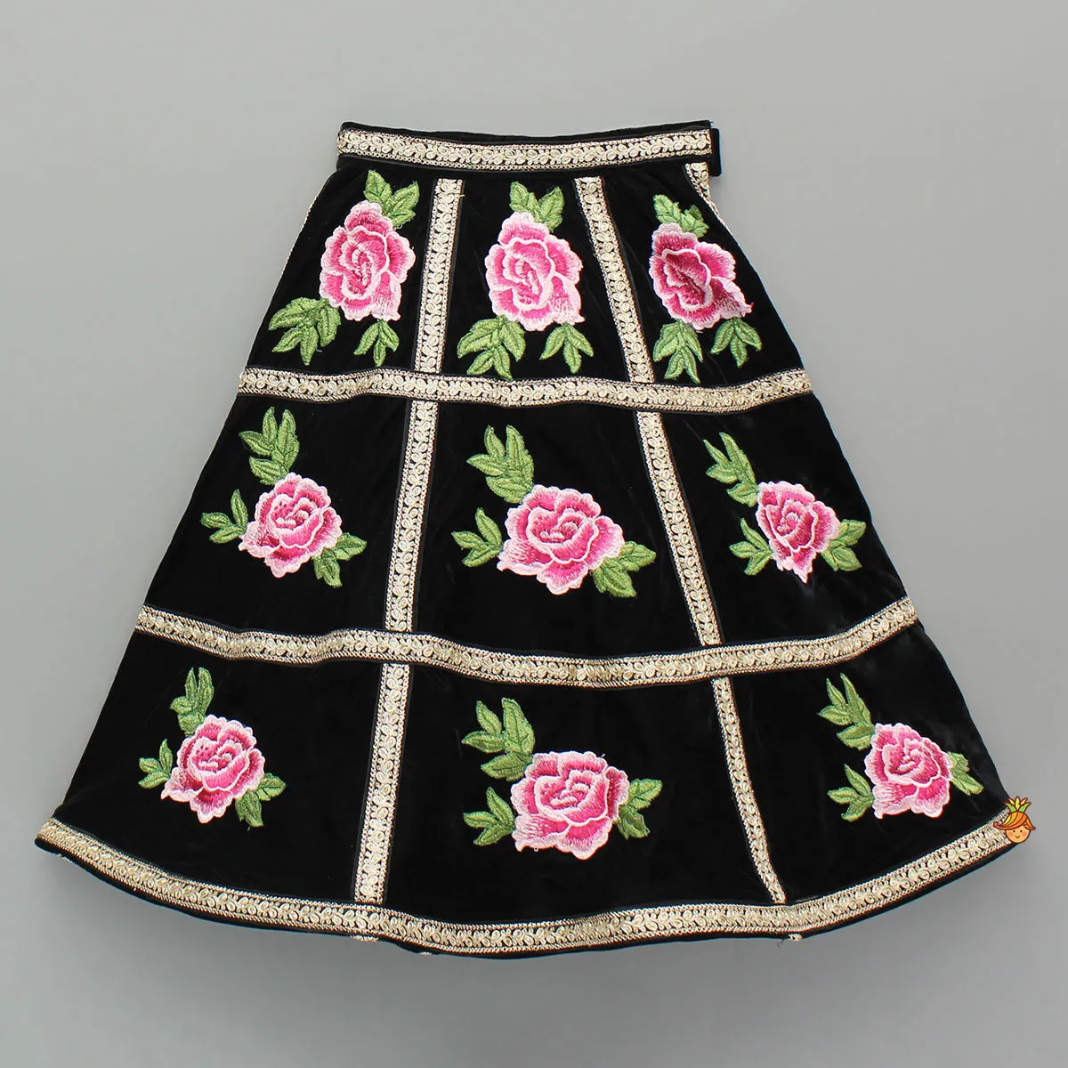 Black Velvet Embroidered Lace Detailed Strap Top With Cape And Lehenga