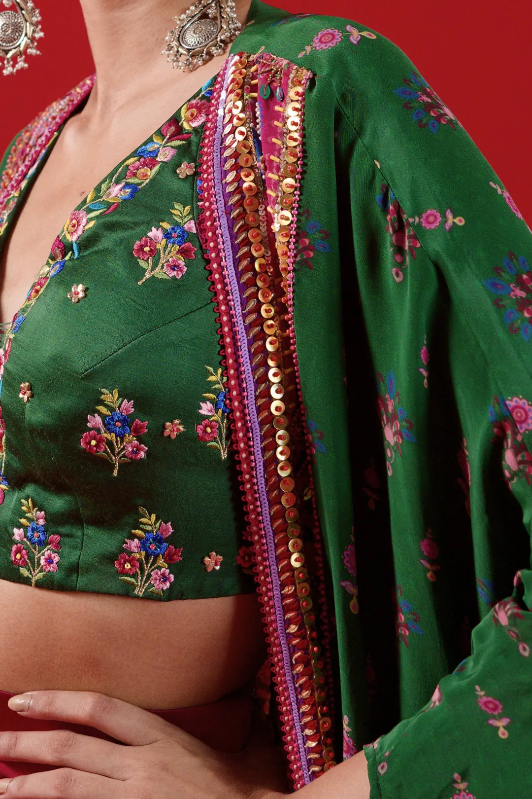 Bottle Green Oversized Embroidred Shrug Set