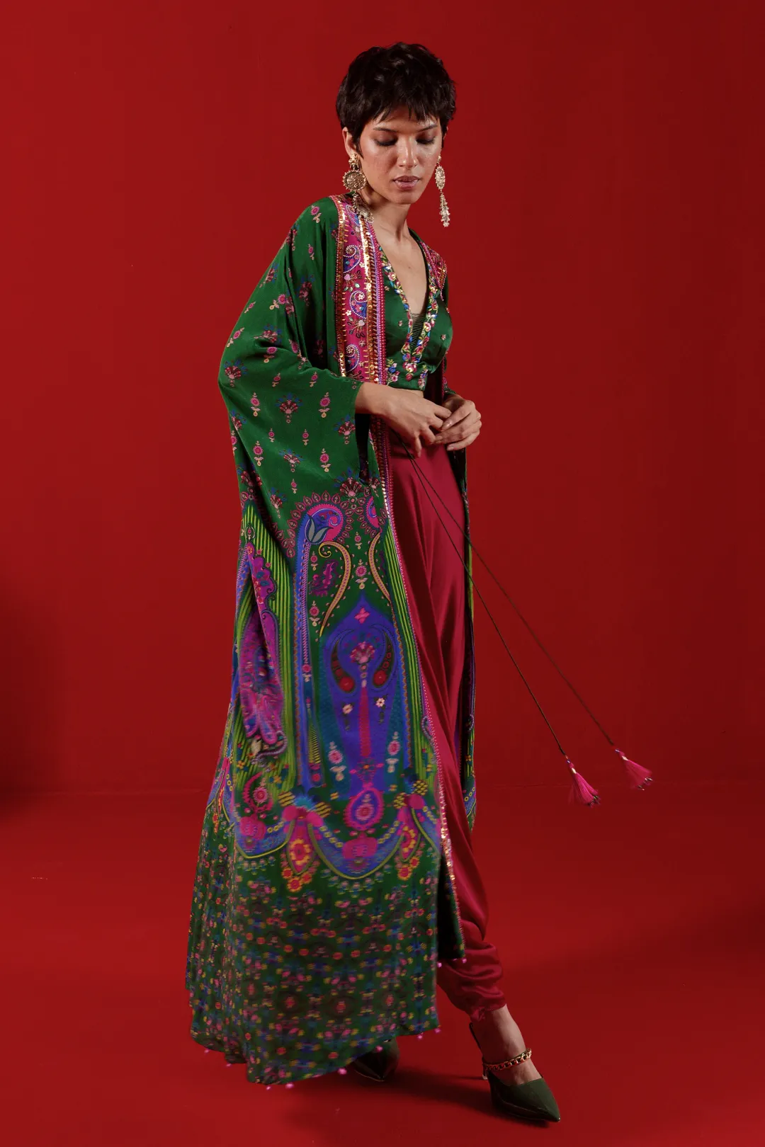 Bottle Green Oversized Embroidred Shrug Set