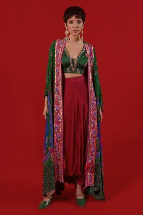 Bottle Green Oversized Embroidred Shrug Set