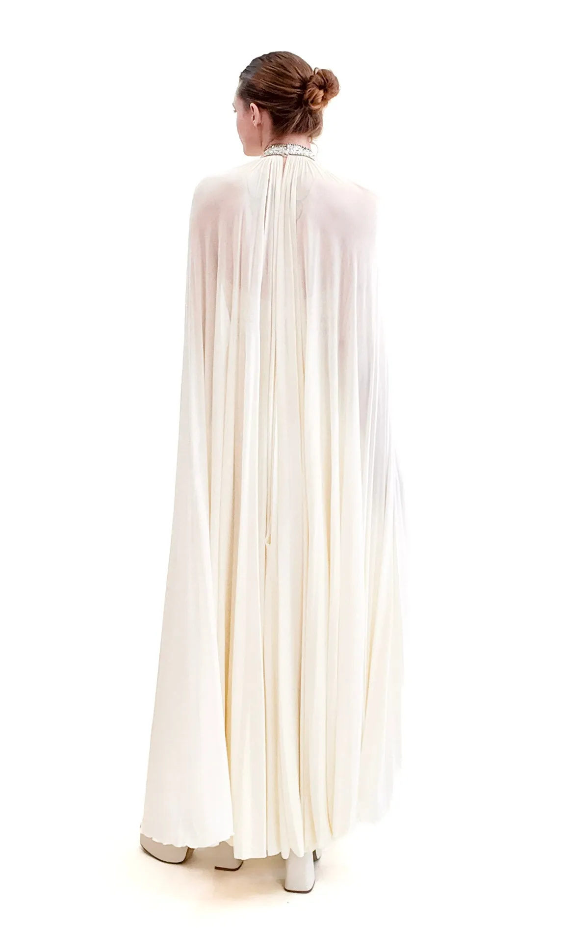 Claude Riha White Caped Gown with Beaded Neckline and Waistline