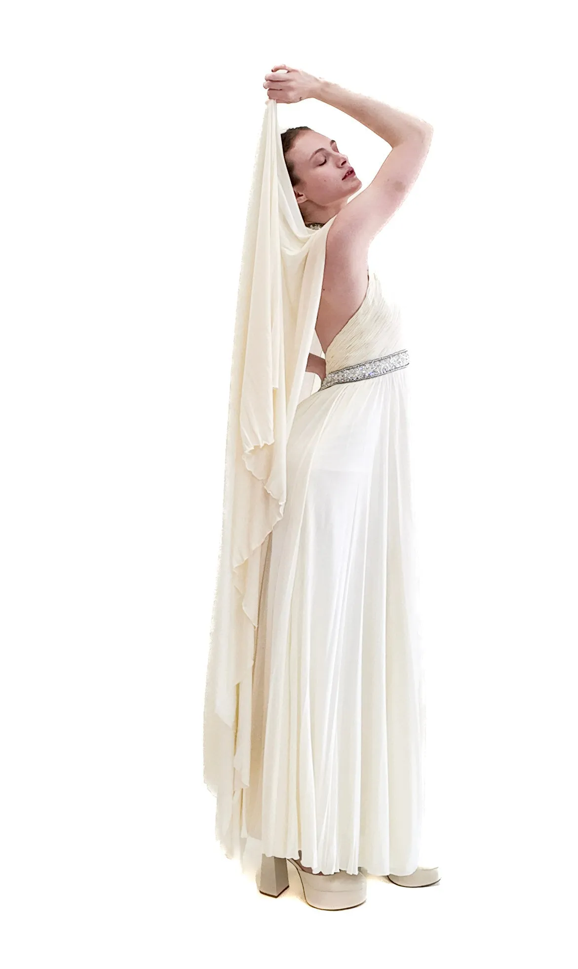 Claude Riha White Caped Gown with Beaded Neckline and Waistline