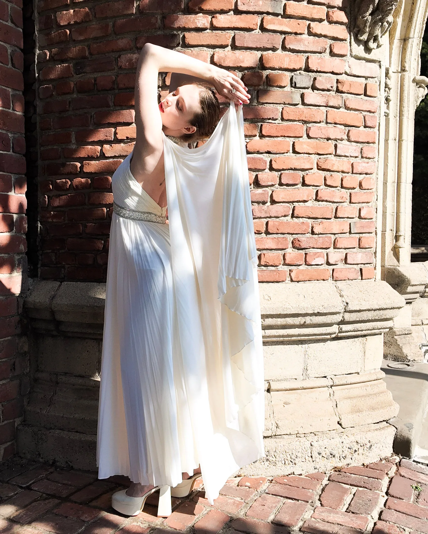 Claude Riha White Caped Gown with Beaded Neckline and Waistline