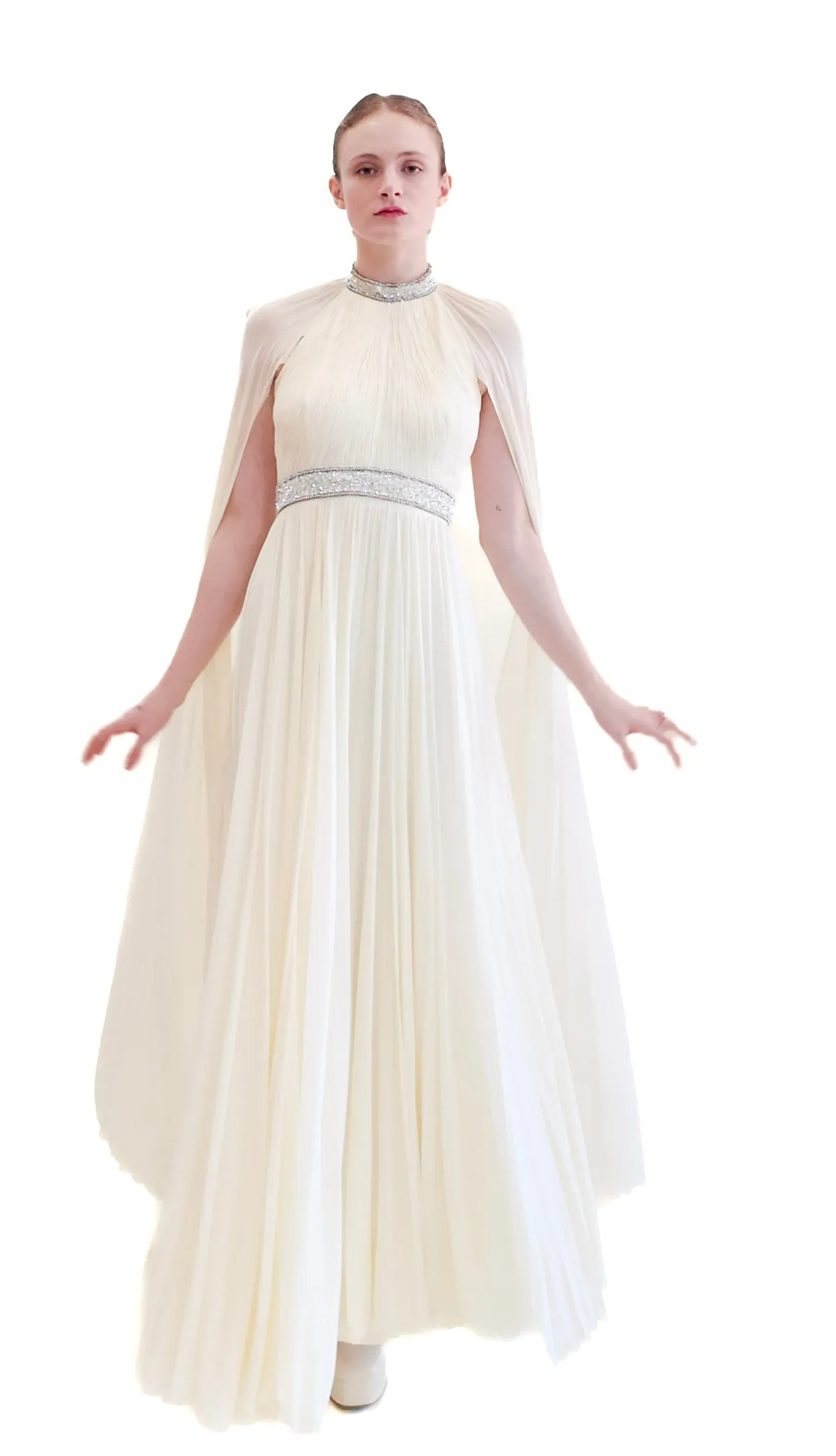 Claude Riha White Caped Gown with Beaded Neckline and Waistline