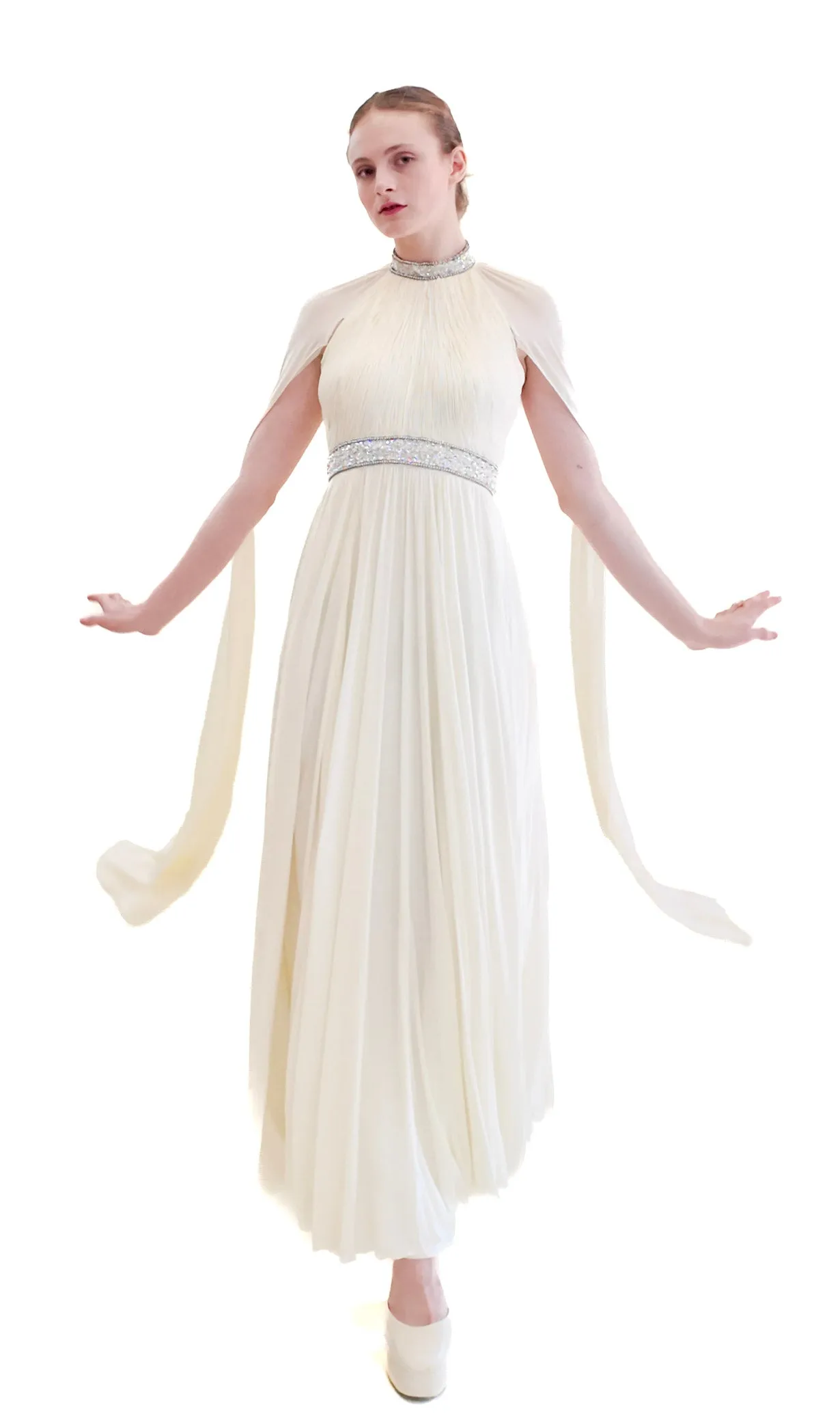 Claude Riha White Caped Gown with Beaded Neckline and Waistline