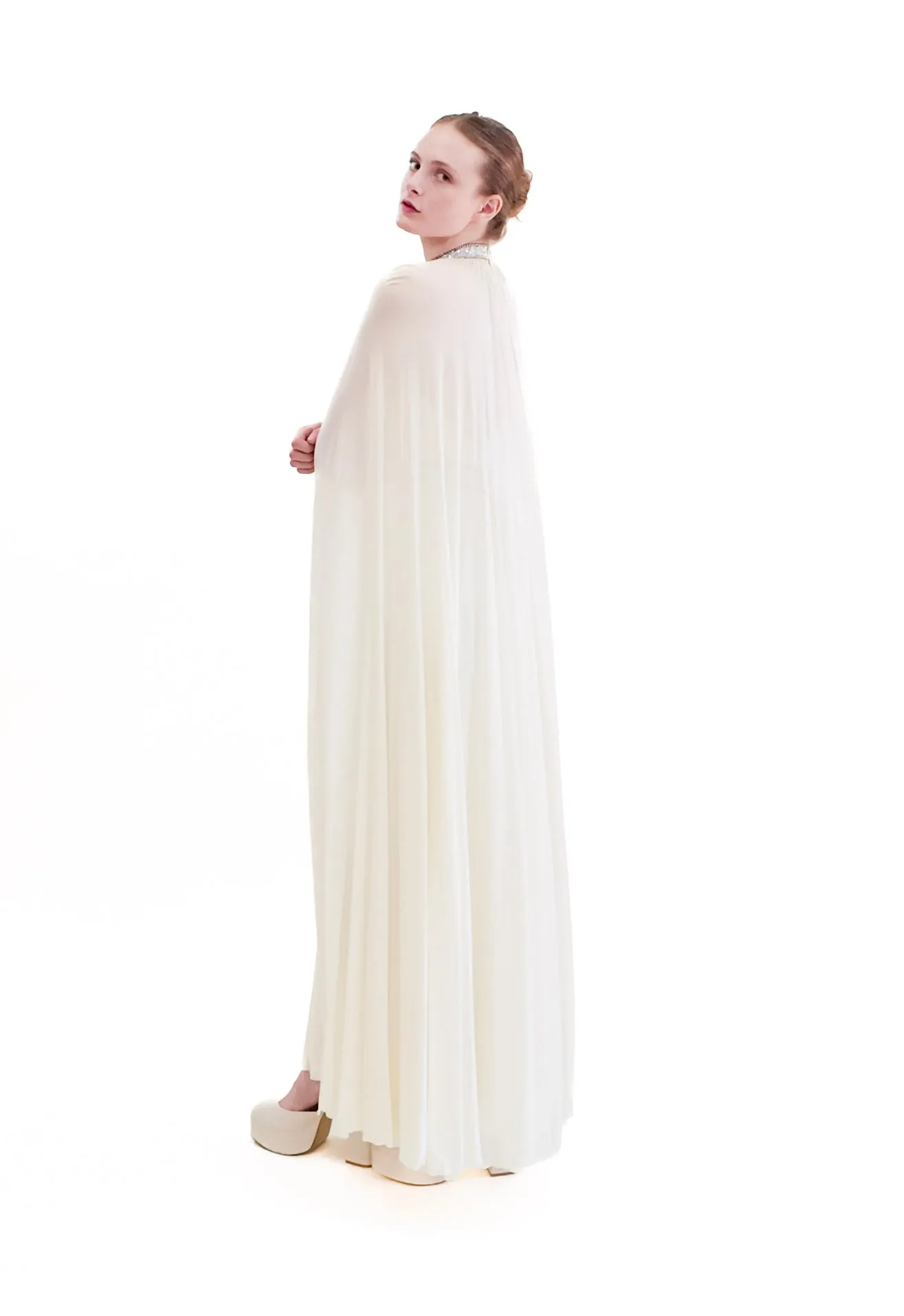 Claude Riha White Caped Gown with Beaded Neckline and Waistline