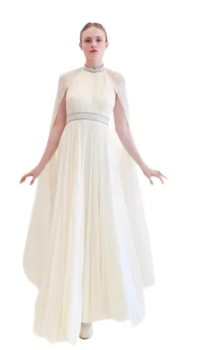 Claude Riha White Caped Gown with Beaded Neckline and Waistline