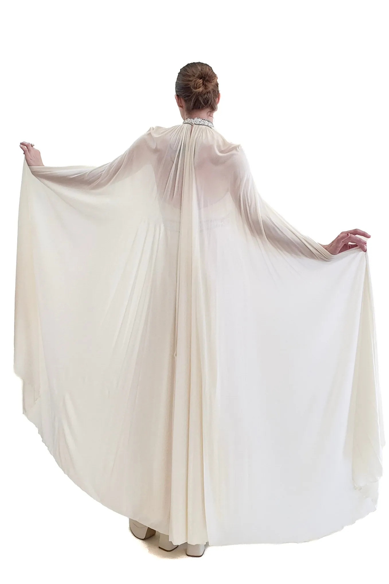 Claude Riha White Caped Gown with Beaded Neckline and Waistline
