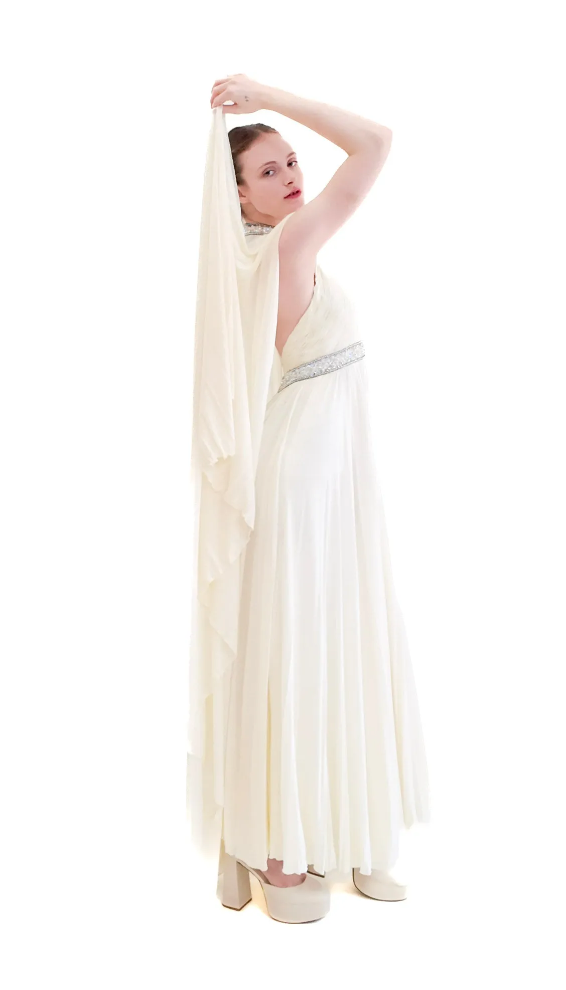 Claude Riha White Caped Gown with Beaded Neckline and Waistline