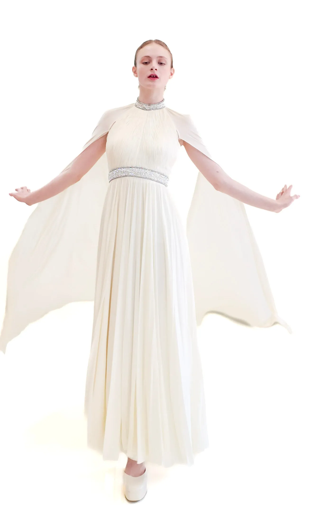Claude Riha White Caped Gown with Beaded Neckline and Waistline