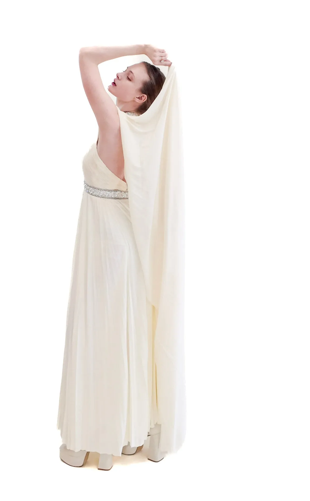 Claude Riha White Caped Gown with Beaded Neckline and Waistline