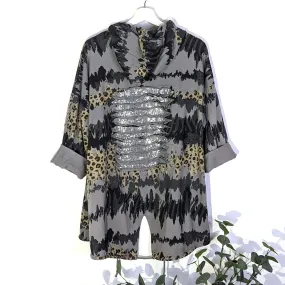 Distorted animal print hooded jacket with rip sequin detail
