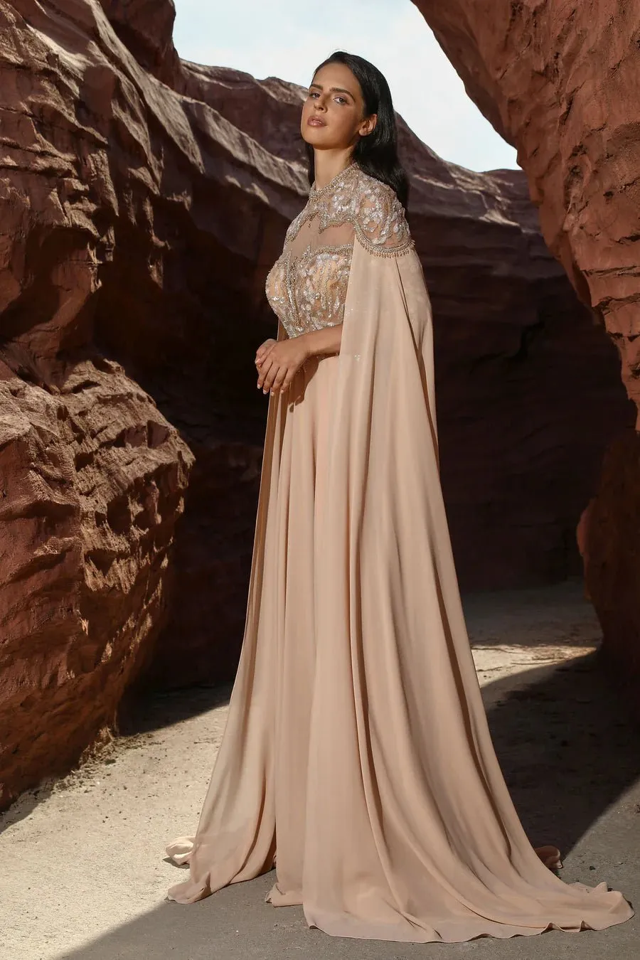 Elegant Green Chiffon Evening Gown with Cape Sleeves - Embellished Dress and Pretty Sequin Dress Plus Size