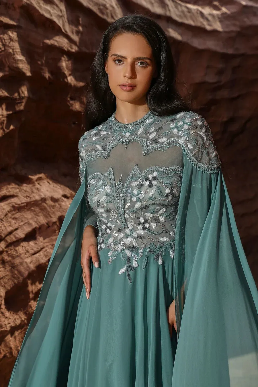 Elegant Green Chiffon Evening Gown with Cape Sleeves - Embellished Dress and Pretty Sequin Dress Plus Size