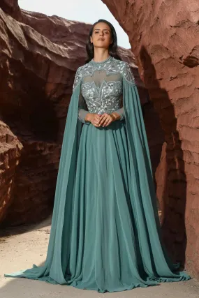 Elegant Green Chiffon Evening Gown with Cape Sleeves - Embellished Dress and Pretty Sequin Dress Plus Size