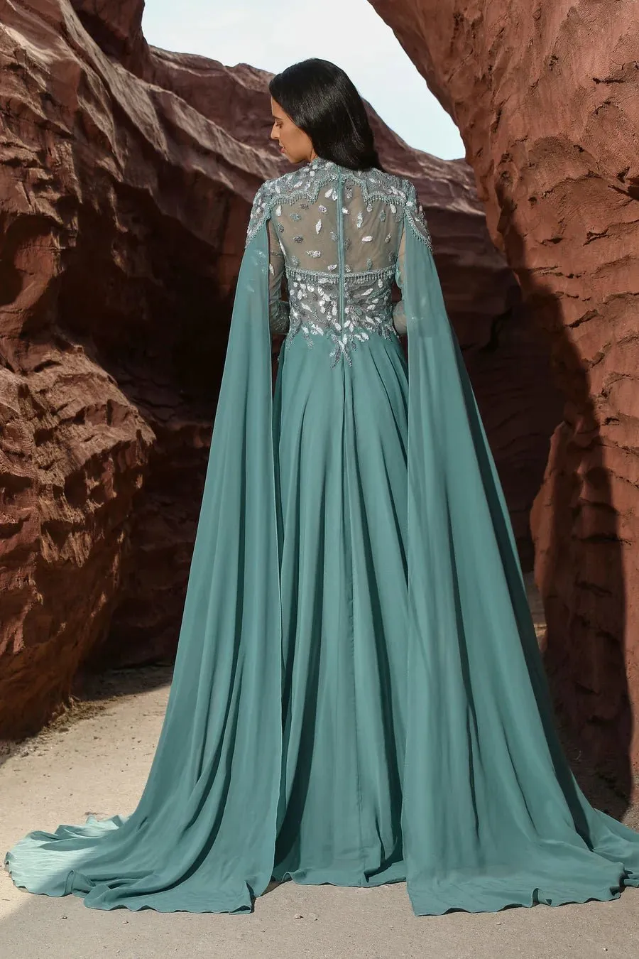 Elegant Green Chiffon Evening Gown with Cape Sleeves - Embellished Dress and Pretty Sequin Dress Plus Size