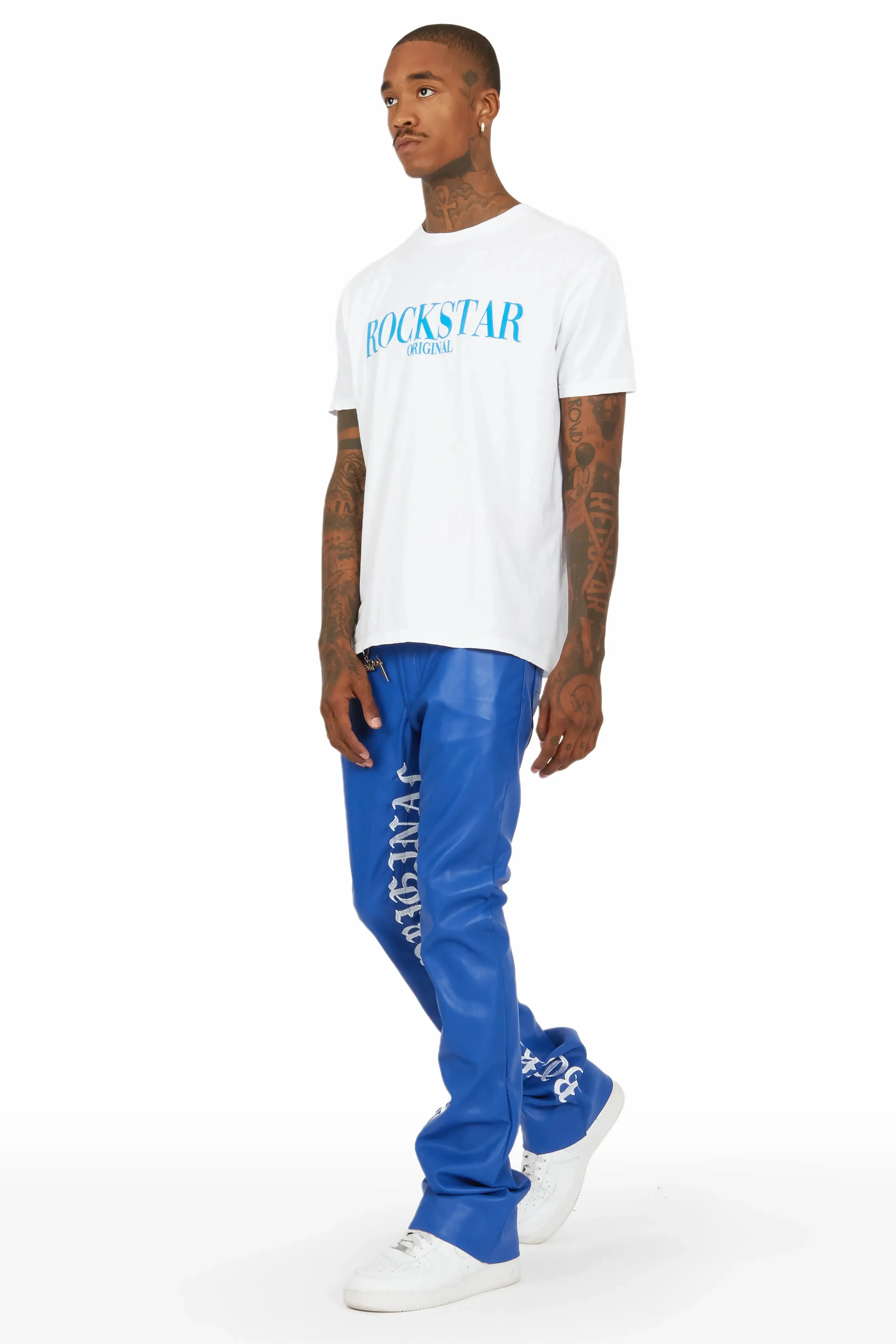 Eliam Blue/White Faux Leather Stacked Flare Jean