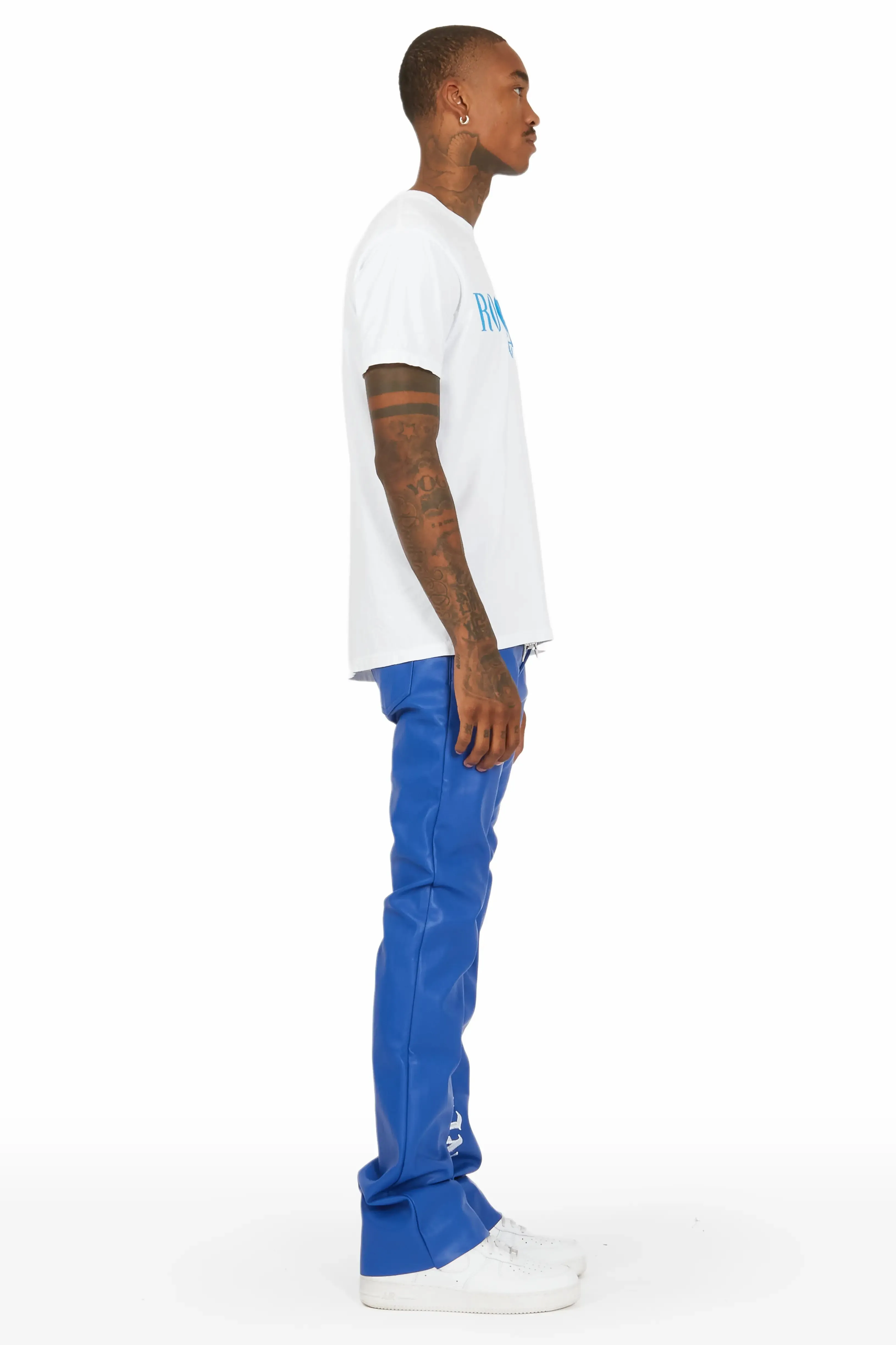 Eliam Blue/White Faux Leather Stacked Flare Jean
