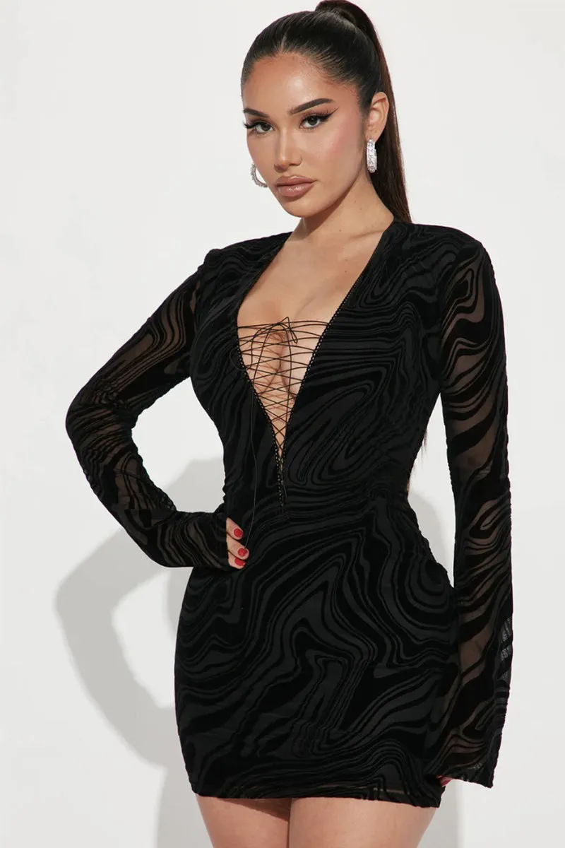 Extreme Print Lace Up Front Black Mini Dress