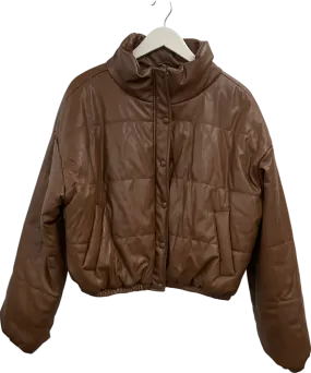 Fashion Nova Brown Faux Leather Puffer Jacket UK L