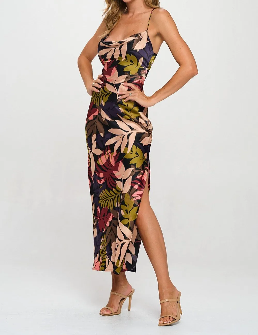 Floral Print Cowl Neck Dress