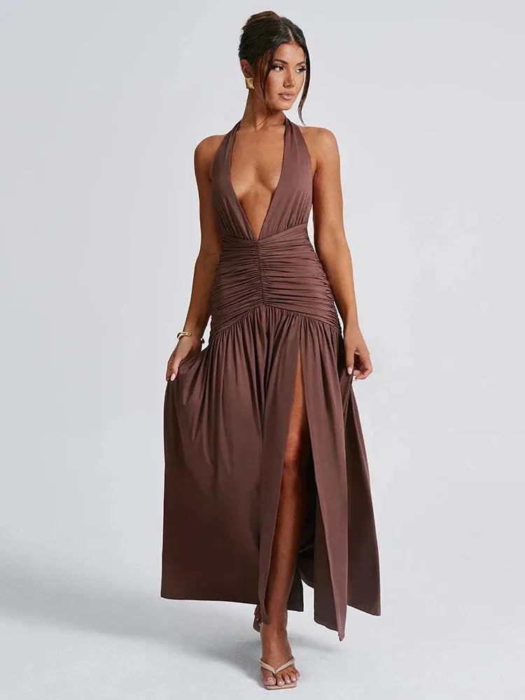 Flytonn-back to school fit nyc outfit Mozision Halter Deep V Neck Backless Maxi Dress For Women Fashion Solid Sleeveless Thigh High Split Sexy Long Dress Elegant