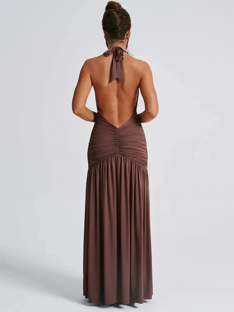 Flytonn-back to school fit nyc outfit Mozision Halter Deep V Neck Backless Maxi Dress For Women Fashion Solid Sleeveless Thigh High Split Sexy Long Dress Elegant