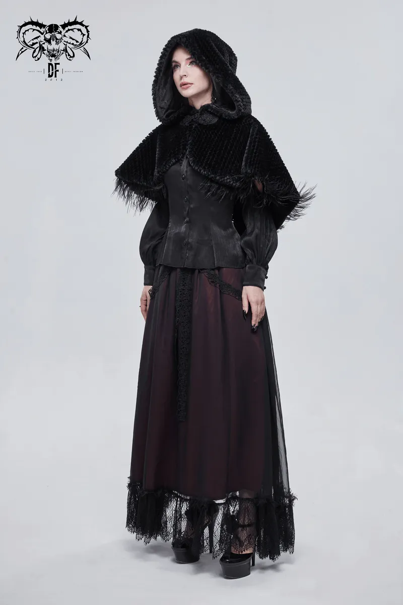 Gothic Feather Hooded Short Cape / Women's Grained Plush Cape with Fur Balls on the Back