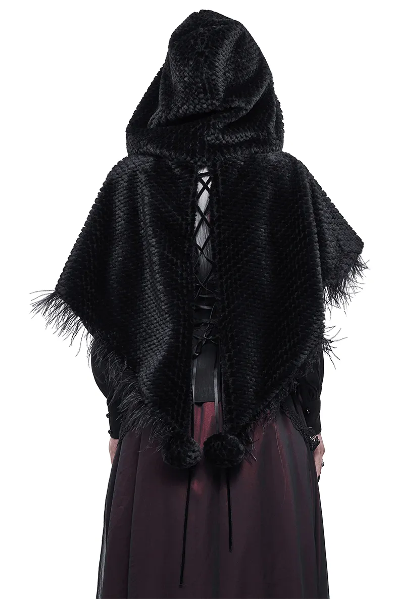 Gothic Feather Hooded Short Cape / Women's Grained Plush Cape with Fur Balls on the Back