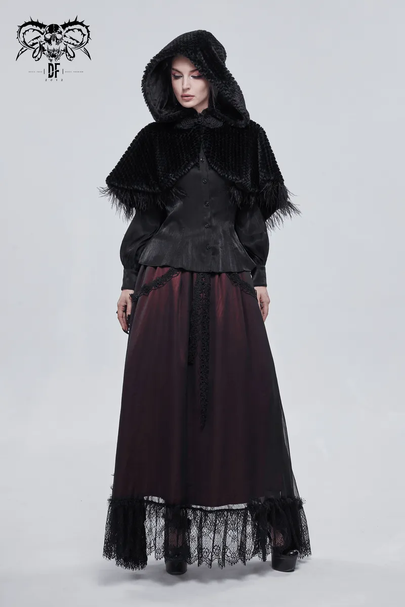 Gothic Feather Hooded Short Cape / Women's Grained Plush Cape with Fur Balls on the Back