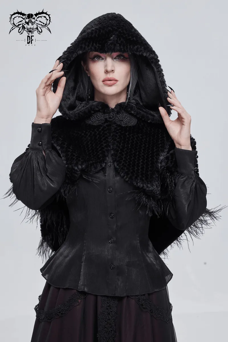 Gothic Feather Hooded Short Cape / Women's Grained Plush Cape with Fur Balls on the Back