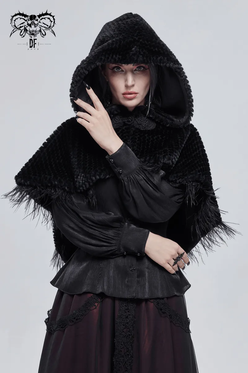 Gothic Feather Hooded Short Cape / Women's Grained Plush Cape with Fur Balls on the Back