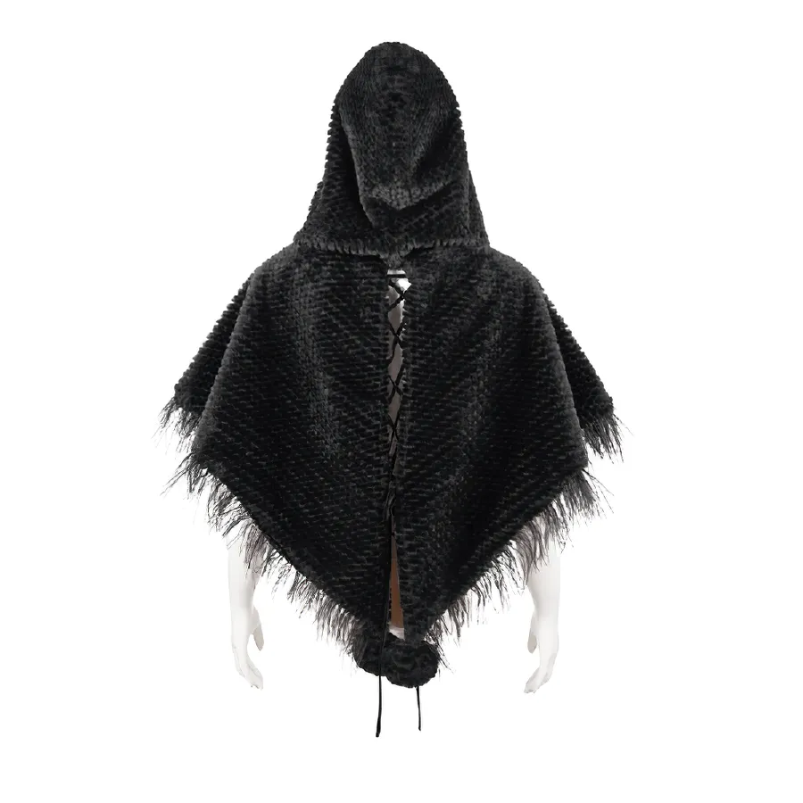 Gothic Feather Hooded Short Cape / Women's Grained Plush Cape with Fur Balls on the Back