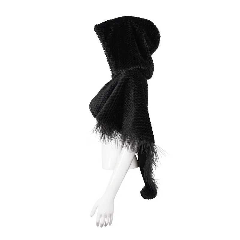 Gothic Feather Hooded Short Cape / Women's Grained Plush Cape with Fur Balls on the Back