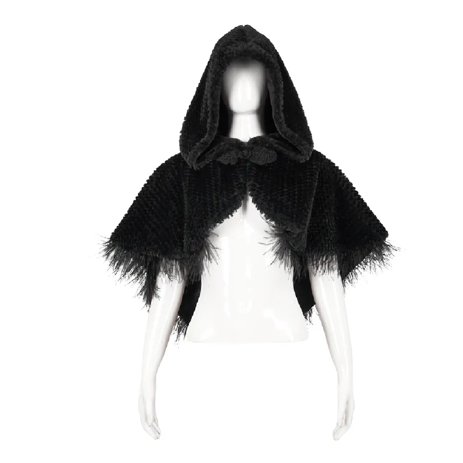 Gothic Feather Hooded Short Cape / Women's Grained Plush Cape with Fur Balls on the Back