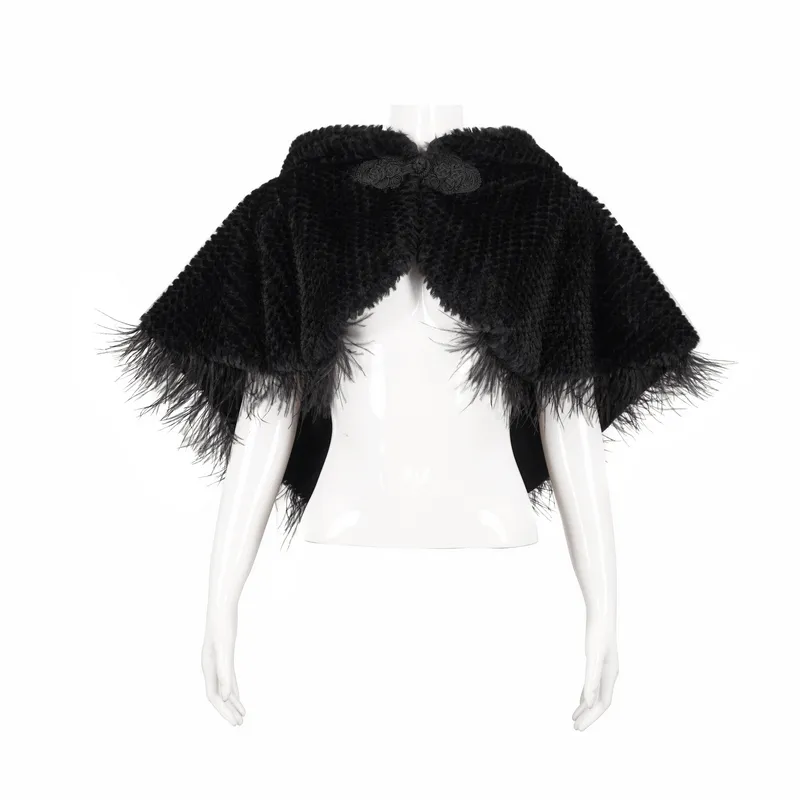 Gothic Feather Hooded Short Cape / Women's Grained Plush Cape with Fur Balls on the Back