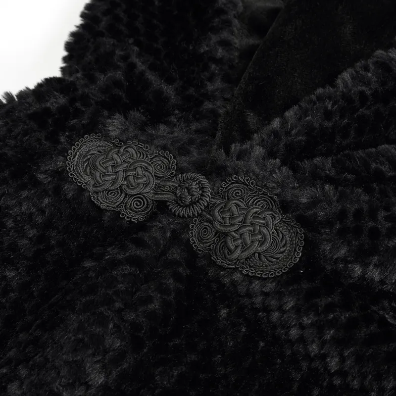 Gothic Feather Hooded Short Cape / Women's Grained Plush Cape with Fur Balls on the Back