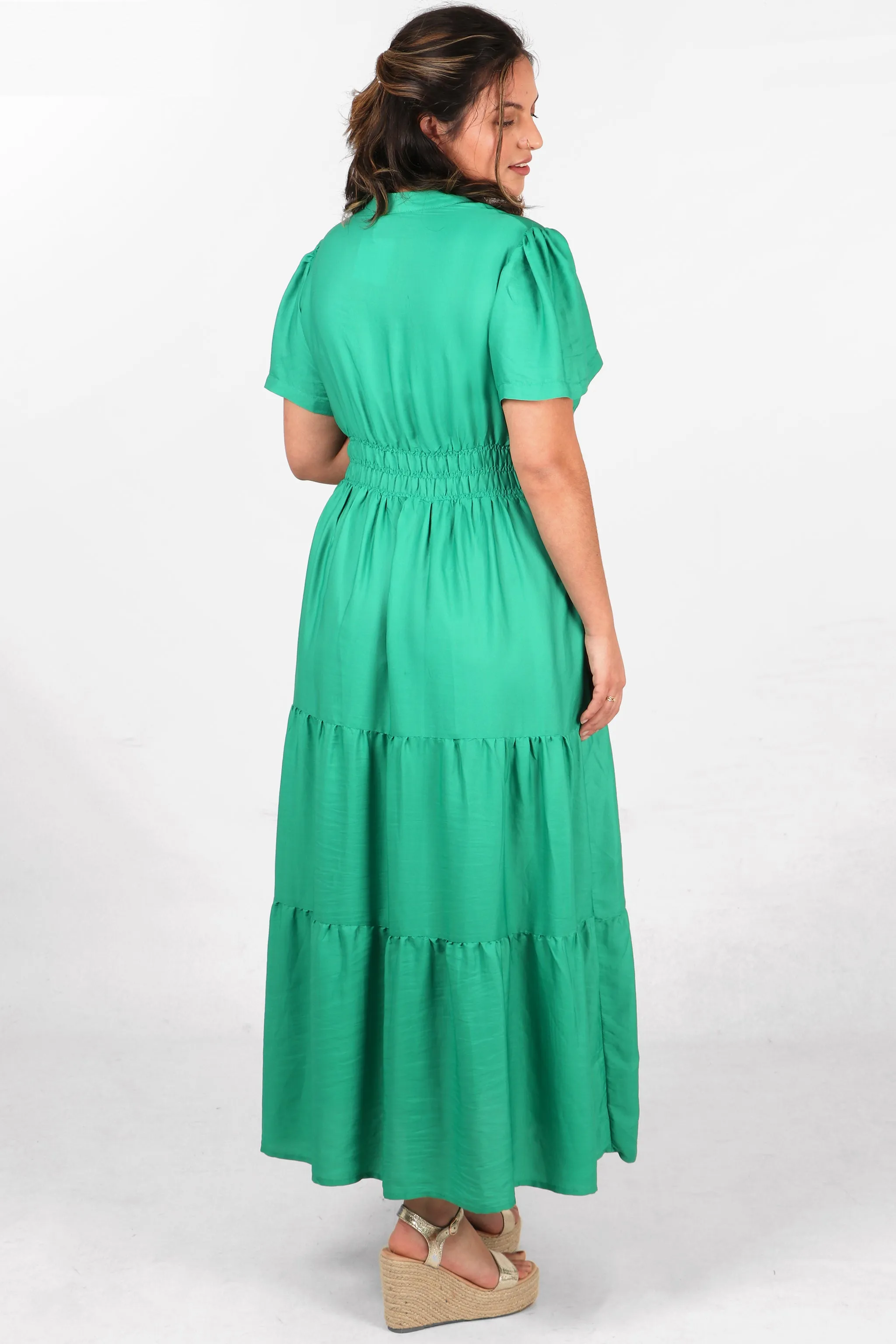 Grandad Collar Tiered Maxi Dress with Elasticated Waist in Green